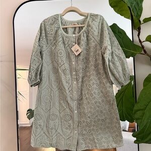 Faherty Light Green Eyelet Long Sleeve Dress